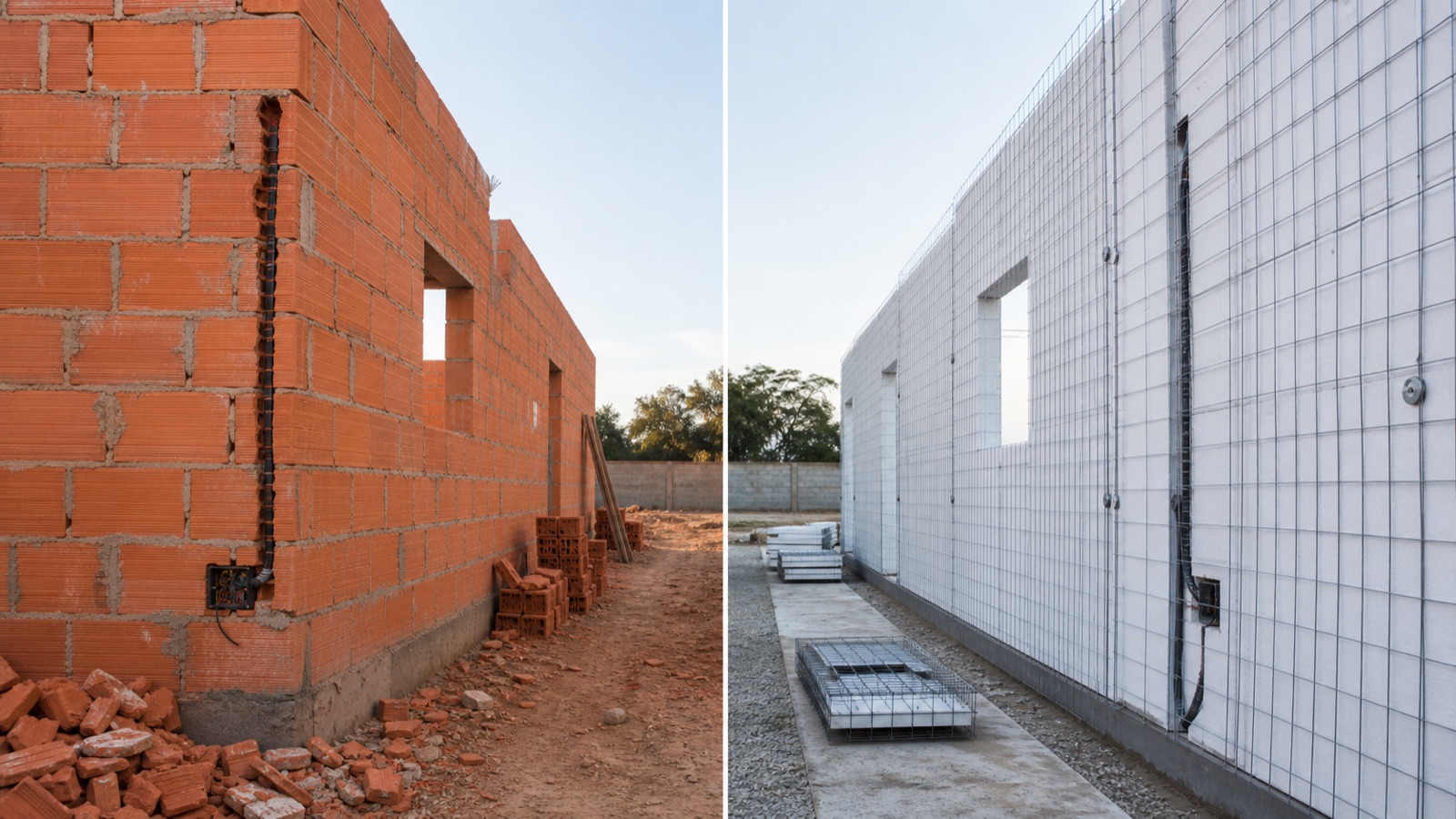 Comparação visual entre uma obra em alvenaria comum e uma montagem com painéis monolíticos